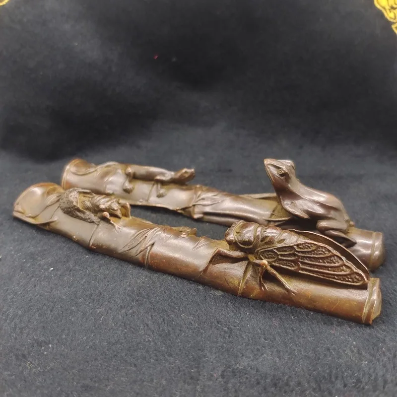 Antique Brass Ascending Frog, Gecko, and Cicada Paperweight Craft
