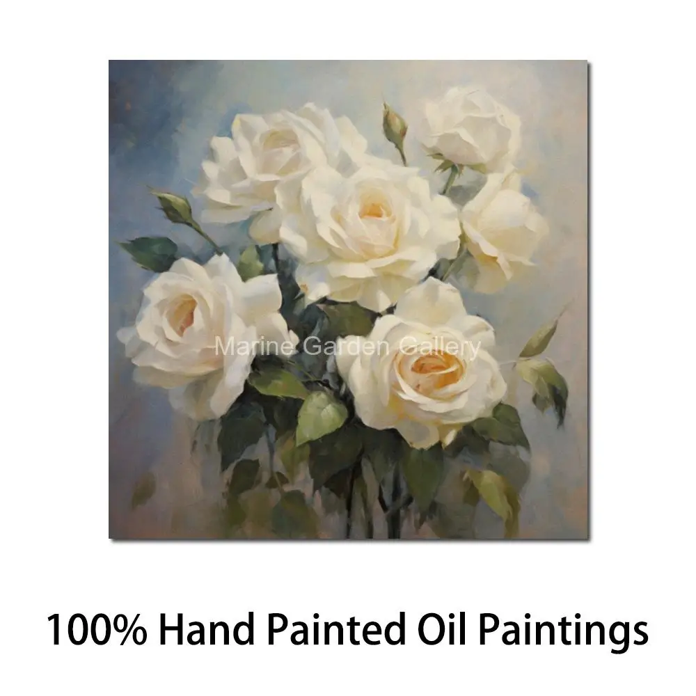 White Roses Still Life Oil Painting Handmade on Canvas Realist Romantic Floral Art Bedroom Wall Decor for Living Room Bedroom