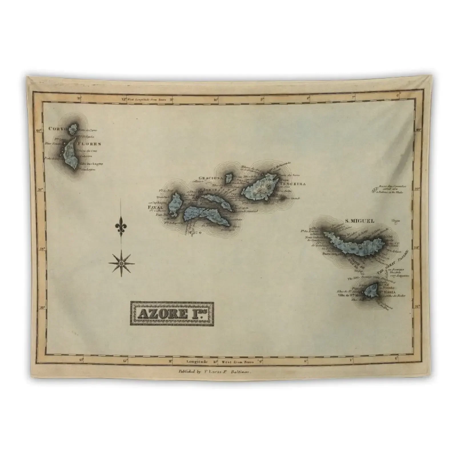 Vintage Azores Islands Map (1823) Tapestry Aesthetic Room Decorations Decorations For Your Bedroom Tapestry