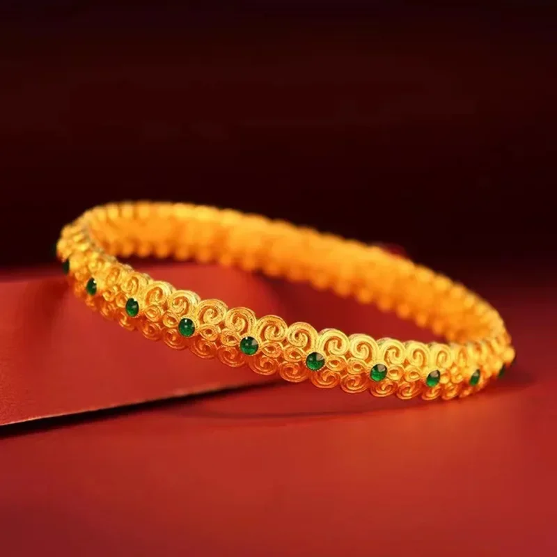 24K Yellow Gold Ancient Hollow-out Bracelet, 9999 Real Gold Artistic Retro Bracelet for Women Light Luxury Elegant Jewelry