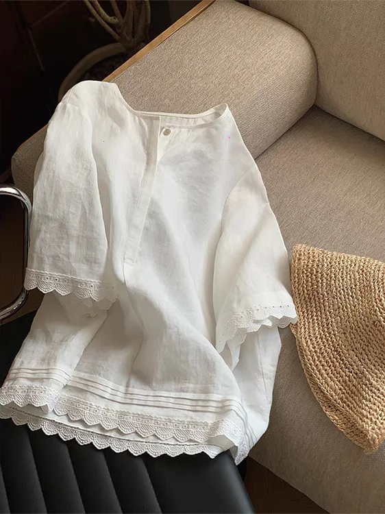 

Japanese Sle Artistic Linen ort Sve irt Women Summer Forest System Design Sense Splicing Lace Ruffle Linen Small i...