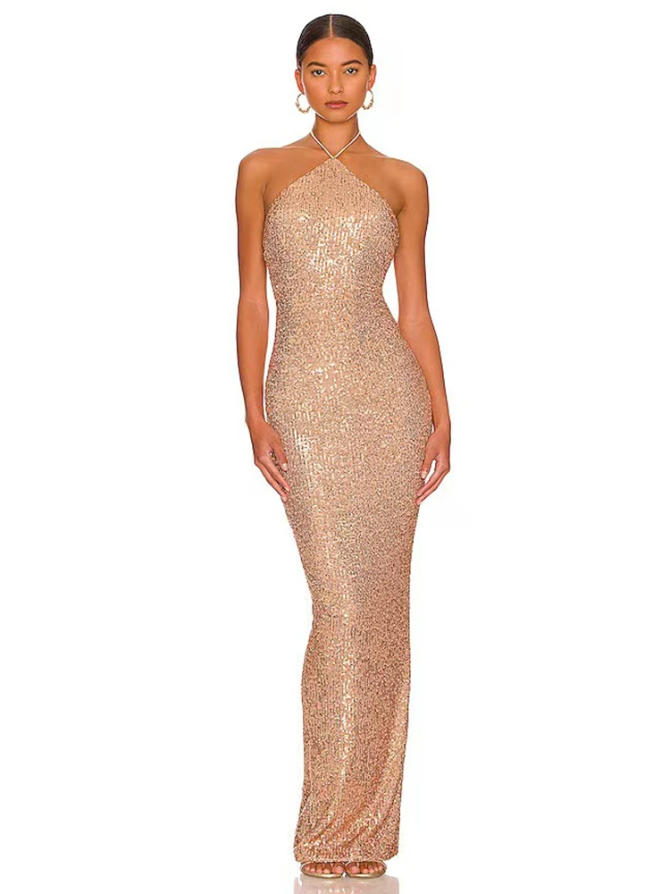 

Sexy Halter Neck Backless Sequins Long Slim Dress Women Sleeveless Gold Slit Bodycon Dresses Elegant Brithday Party Evening Gown