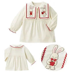 Japanese Style Girls' Clothes Cartoon Cute Apple Rabbit Embroidery Big Collar Long Sleeve Shirt with Autumn