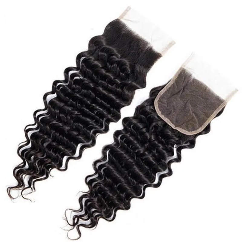 Natürliche Farbe, 4x4-Spitzenverschluss, tief gewelltes Echthaar, vorgebleichte Knoten, weiches, gewelltes Spitzenverschlussstück für den Salon-Haarsalonbedarf – Detail 3