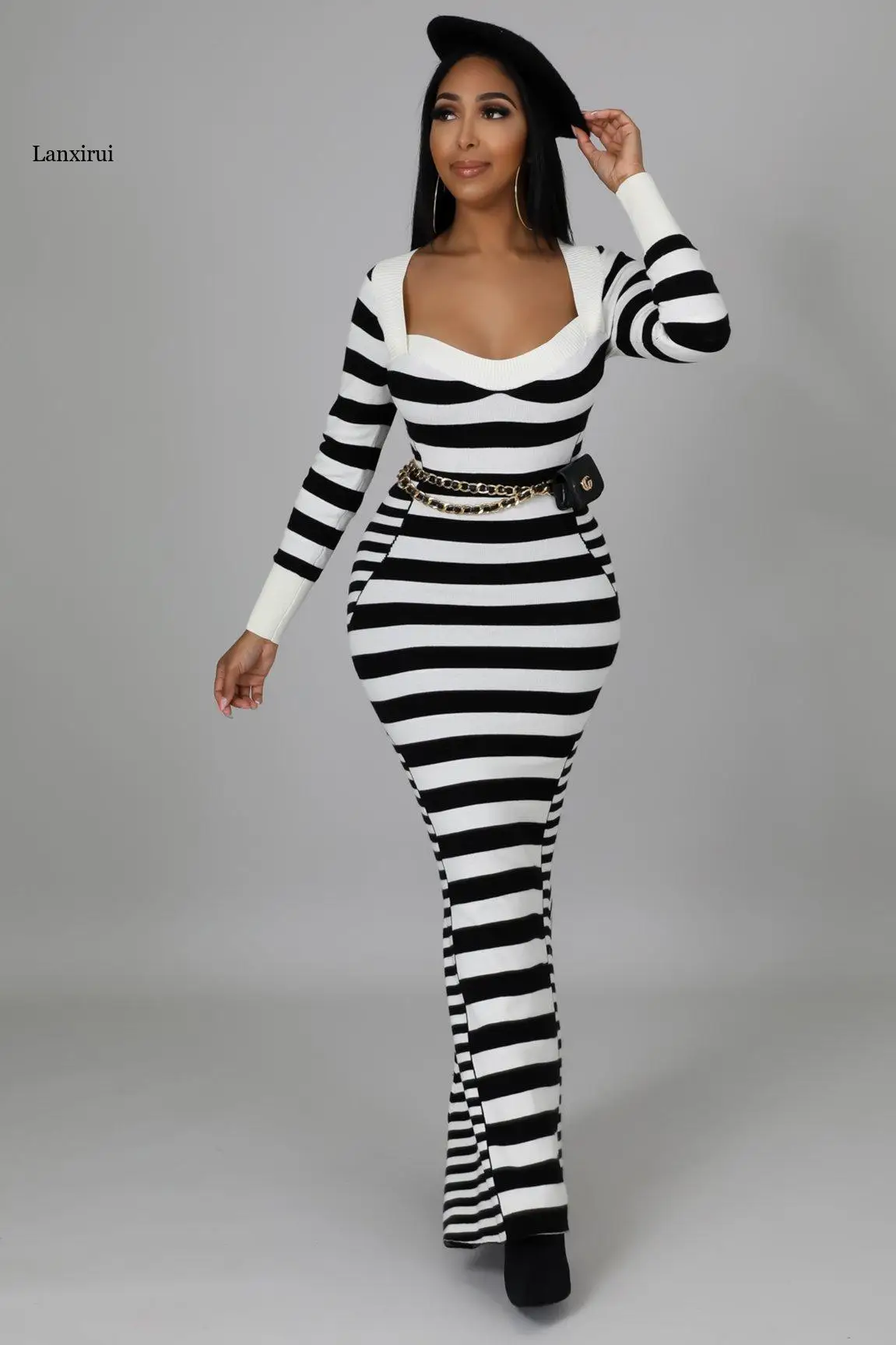 Women Striped Patchwork Plunging V-neck Long Sleeve Mermaid Maxi Dress Elegant Party Autumn Winter Long Dresses