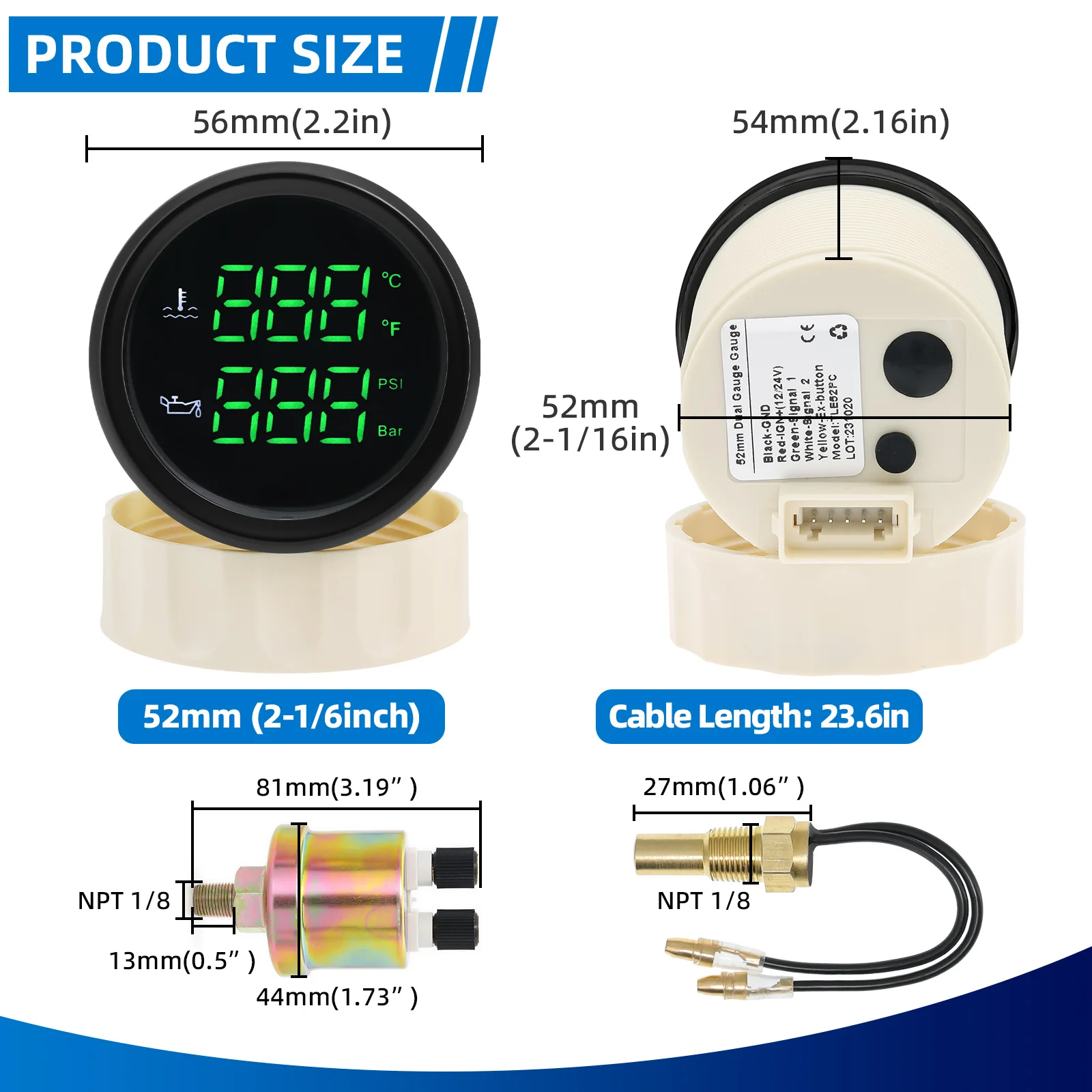 2 بوصة 52 ملم 2 في 1 رقمي 40-120 ℃   درجة حرارة الماء + مقياس ضغط الزيت 0-10 بار مع إنذار مع مستشعر 1/8 NPT لقارب السيارة 12 فولت 24 فولت مارين
