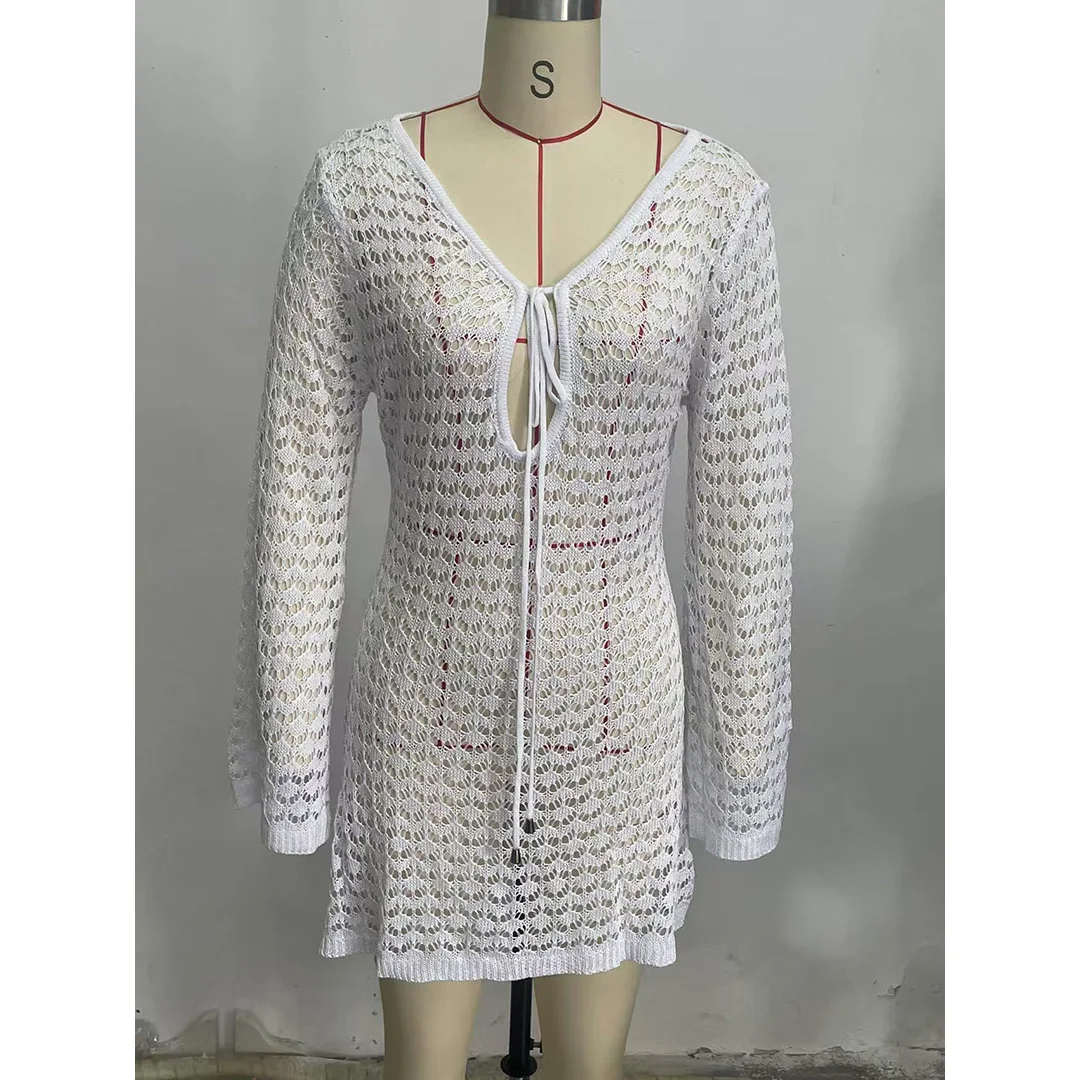 S - XL Langarm-Tunika mit Ausschnitten, gehäkelt, Strick, Strandkleid, Strandmode, Damen V6507 – Detail 16