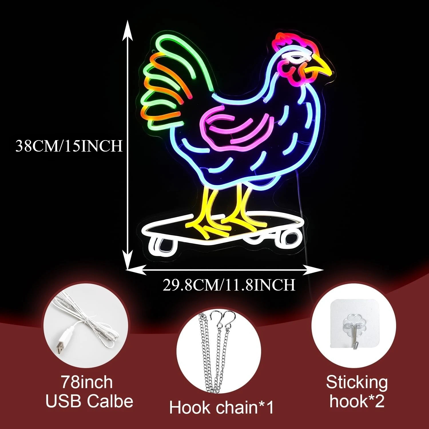 USB Dimmable Chicken Neon Sign Funny Skateboarding Rooster LED Neon Light for Bedroom Men Cave Bar Game Room Home Decor Gift