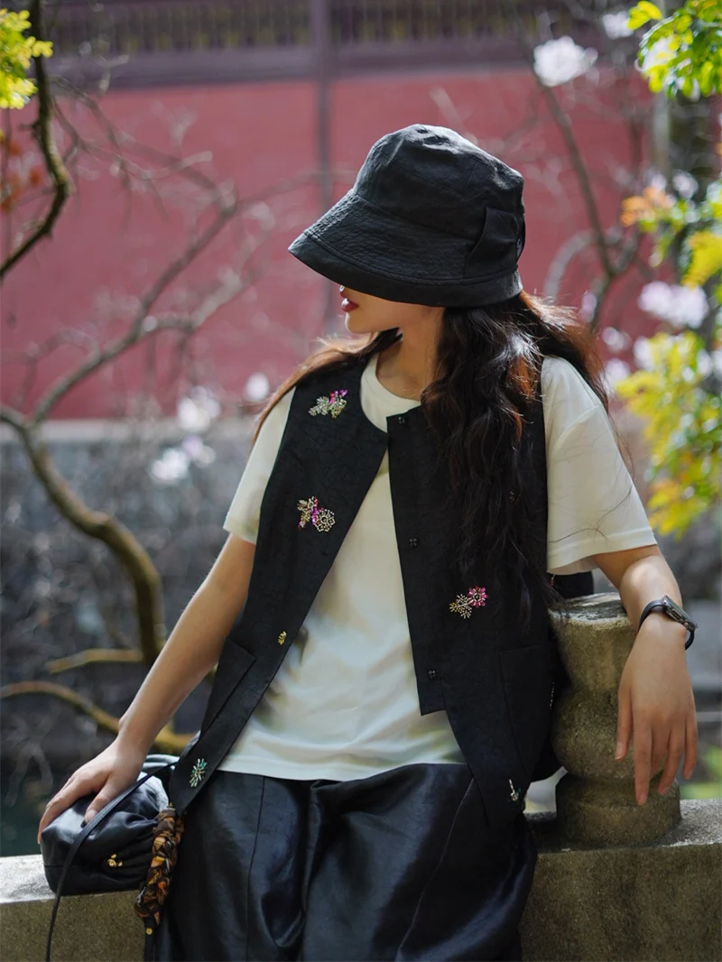 

Шелковая винтажная женская жилетка из смешанной ткани с вышивкой бисером, круглый вырез, тонкая, весенняя...