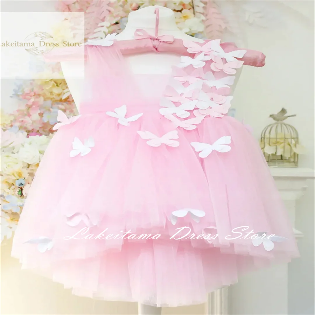 結婚式誕生日最初のピンクチュールふわふわ高低スカート 3D 蝶フラワーガールドレスノースリーブ聖体拝領ガウン