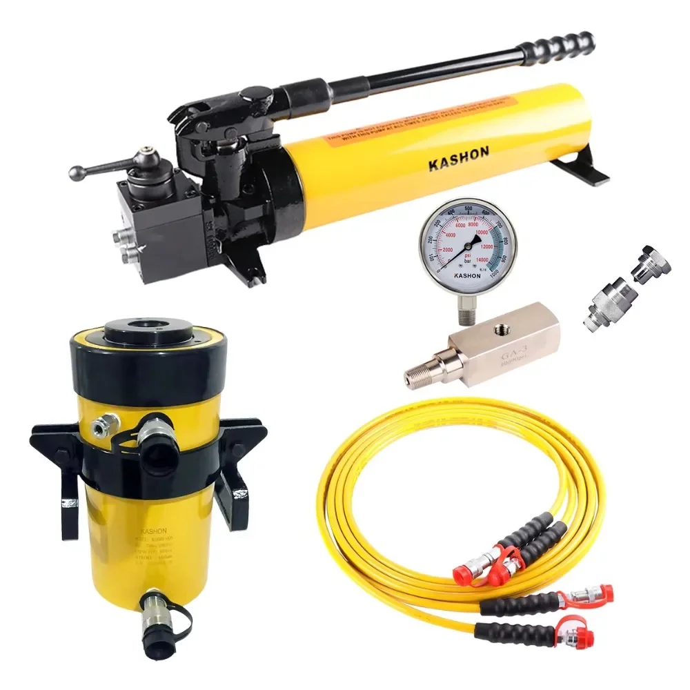 

Manual set, 60ton 166mm stroke, Double-acting nter Hole Hydraulic Cylinder With Manual Power Hand Pump Set, RRH-606, P-84