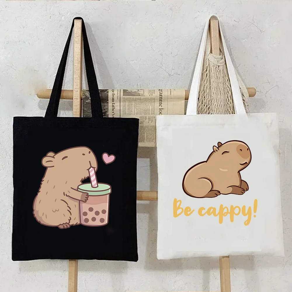 Bonito capivara impressão bolsa de ombro feminina lona sacola grande capacidade sacos de compras adolescente bolsa dos desenhos animados capivara saco de mão