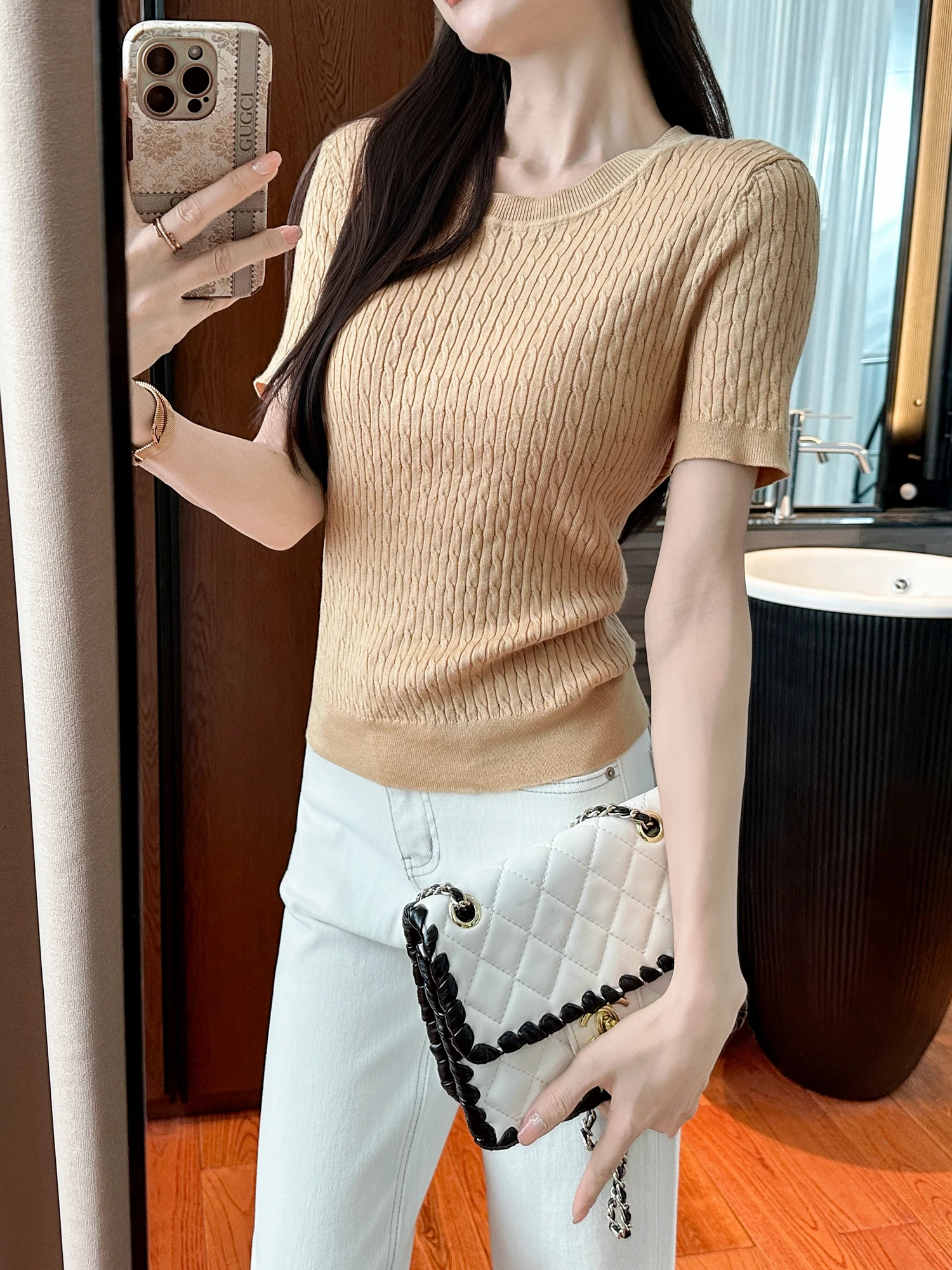 

High Elastic Soft Knitted Short Sleeve T-Shirt Women's round Neck Twist Summer Top Korean Style Slim Fit Breathable Casual