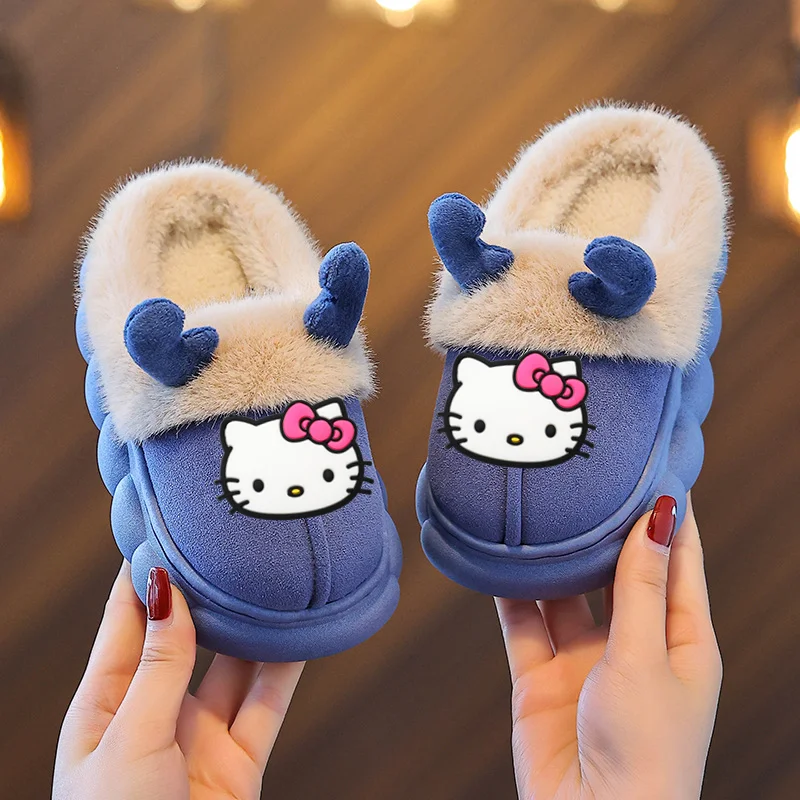 Sanurgente Hello Kitty-Pantoufles chaudes non ald pour enfants, chaussures de dessin animé pour enfants, pantoufles d'hiver pour garçons et filles, maison, extérieur, fourrure pour bébé, chaussures décontractées, nouveau