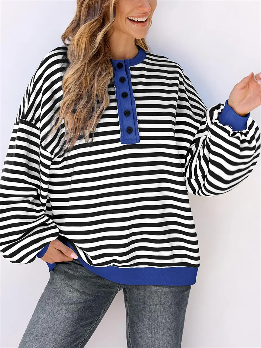 

Women Crew Neck Sweatshirts Cute Striped Print Loose Long Sleeve Pullovers Casual Fall Workout Tops Autumn Streetwear