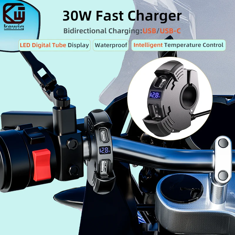 Kewig B14 30W Motorcycle Bidirectional Charger USB-C & USB-A Fast Charging Dual Ports Socket with LED Voltmeter Display Charger