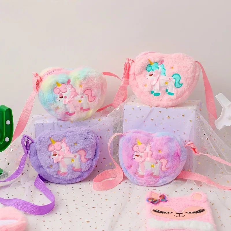 Cute Unicorn for Girls Plush Heart Zipper Shoulder Bag Messenger Bag Coin Purse Wallet Crossbody Bag Kids Gift Small Backpack