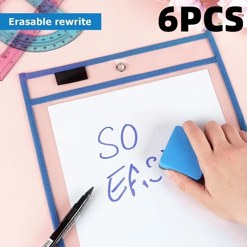 6pcs Reusable Dry Erase File Bags Random Color  Dry Erase Pockets Sleeves for School Office Sheet Protector