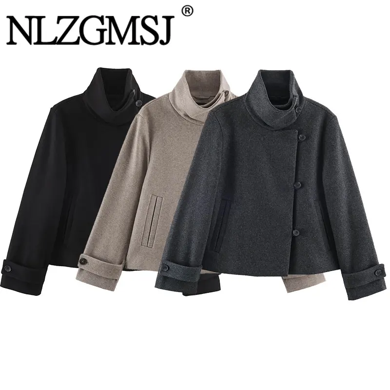 Nlzgmsj 2026 Women High Neck Double Breasted Blend Coat Casual Loose Cropped Jacket Fall Winter Solid Color Warm Outerwear