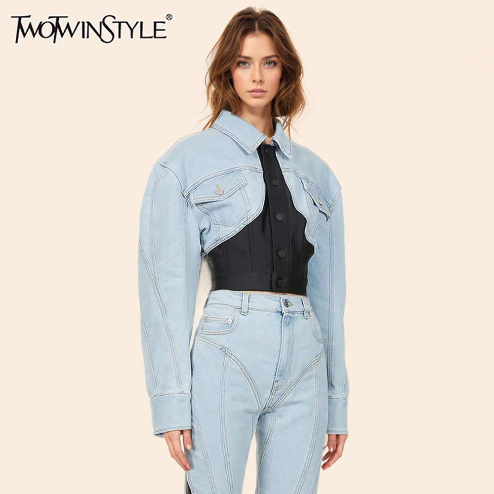 

TWOTWINSTYL Patchwork Denim Hit Color Jackets For Women Lapel Long Sleeve Spliced Single Breasted Chic Coats Female Fashion New