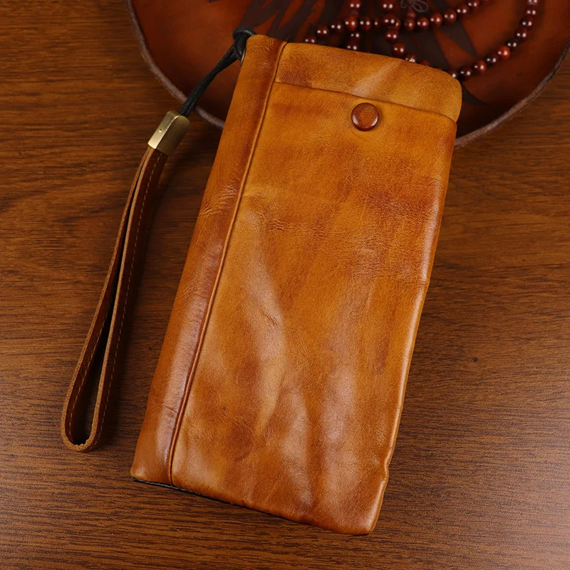 New first-layer cowhide hand-polished vegetable tanned leather old men's wallet long zipper multi-functional retro card bag