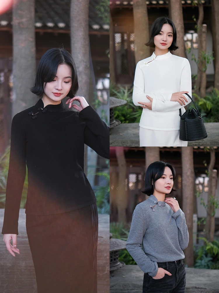 

New Chinese Sle Fce Lined Knitted Wool Blend Base irt Right Slant Collar Warm Upade Interface Ladies Sweater