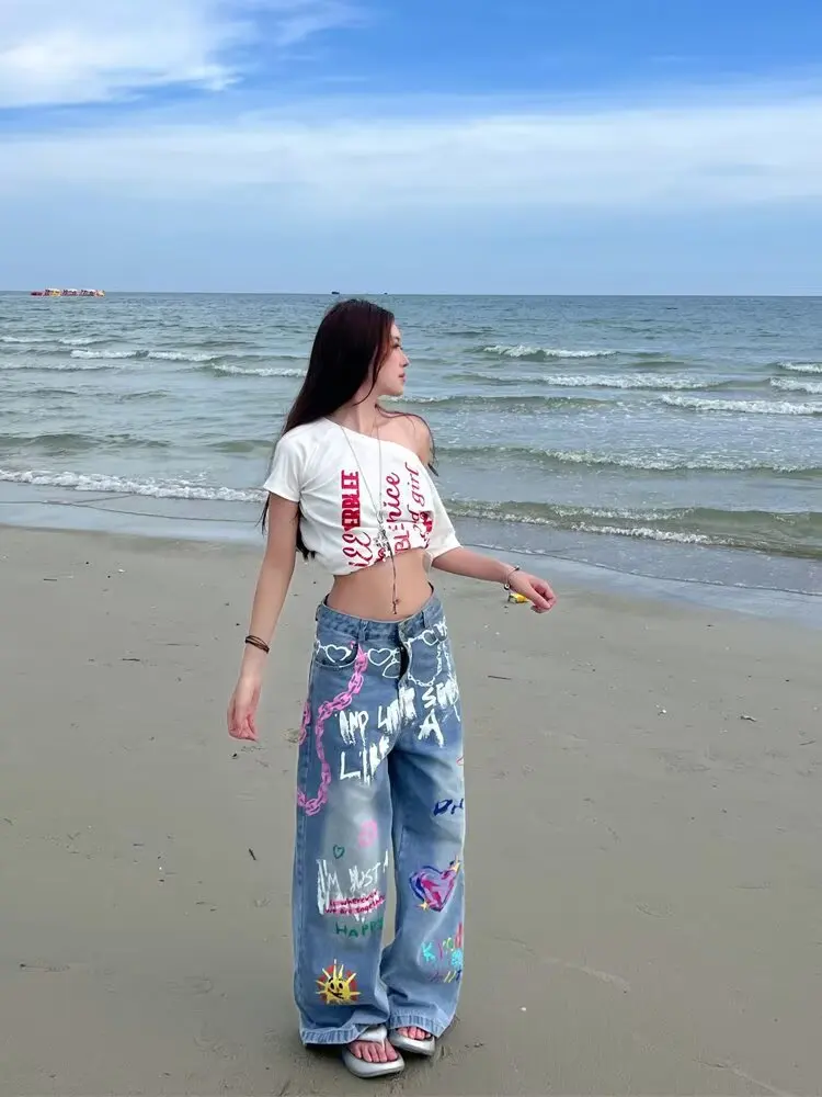 

Women’s Graffiti Chain Printing Design Pants Autumn Streetwear High Waist Sweet Denim Trouser Female Wide-leg Vintage Jeans