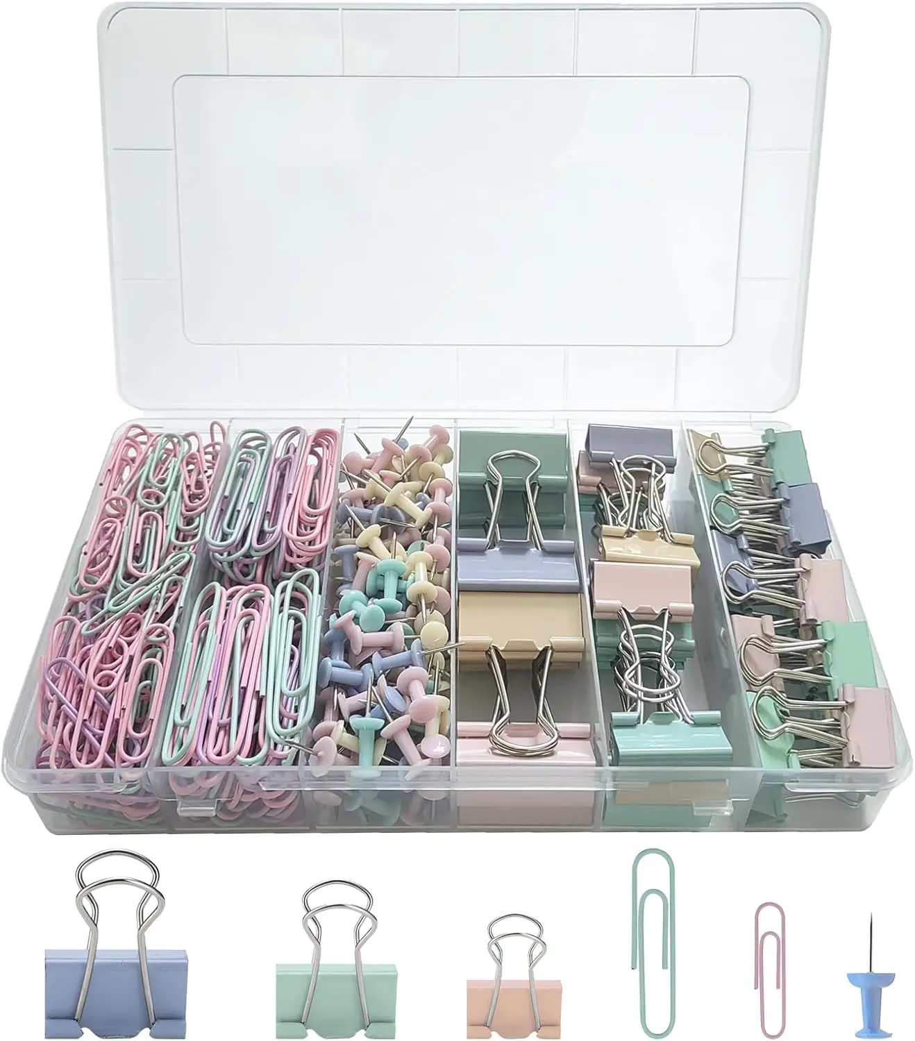 

282 Pcs Colored Office Clips Set Binder Clips Paper Clips Push Pins Assorted S S M L for Home School Office