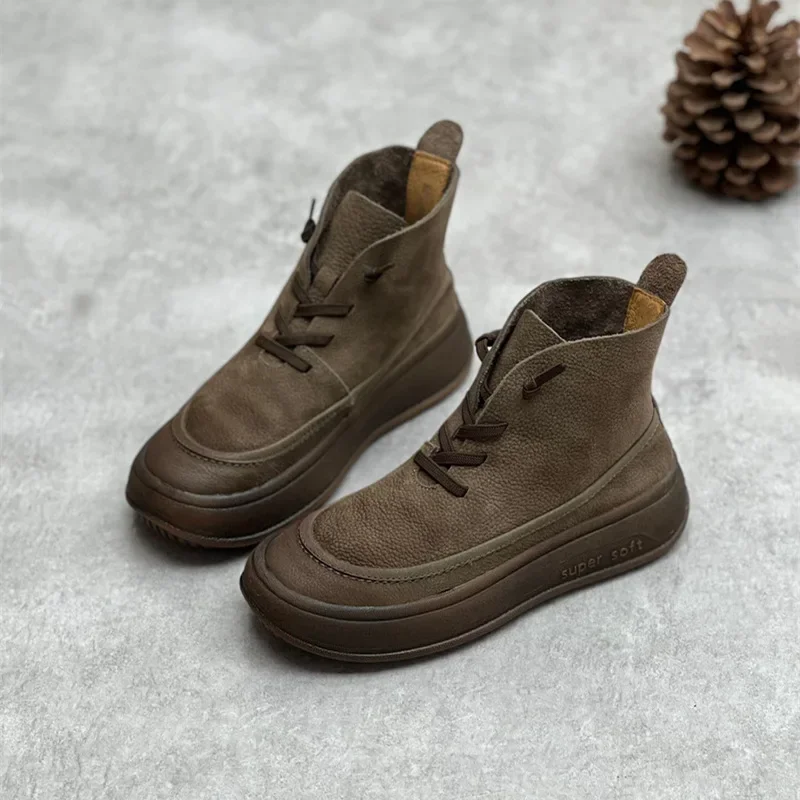 Platform Frosted Cow Leather Vintage Women Boots Leather Women\'s Shoes Thick Bottom Brown Ankle Boots  Plush warm snow boots