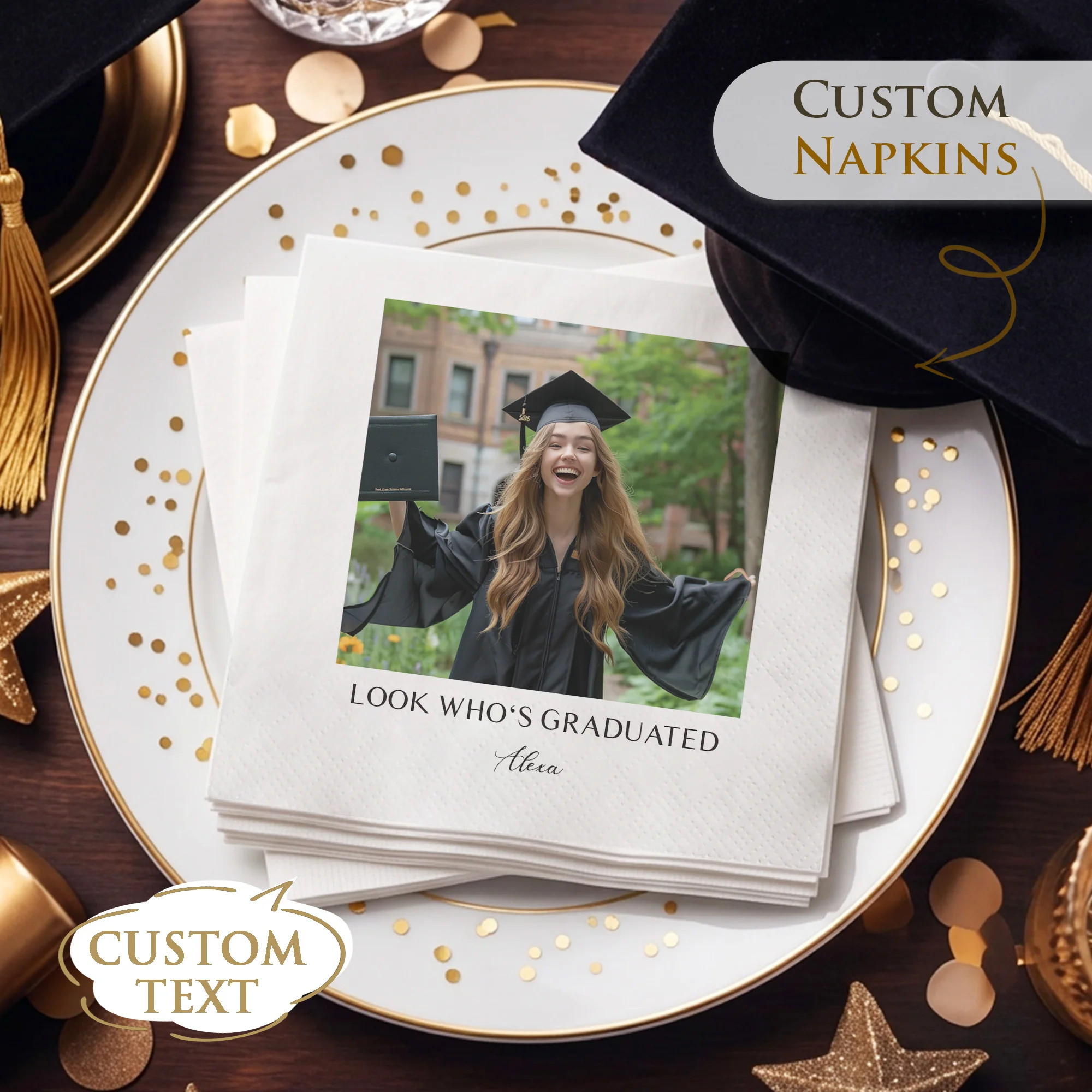 

Personalized Paper Napkins Disposable Custom Graduation Season Napkins of photo text for Graduation party,student party,school
