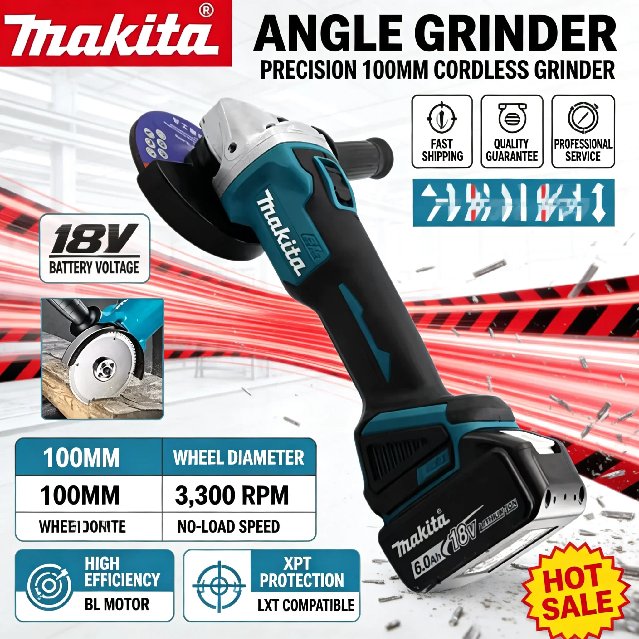 Makita DGA404 100mm Brushless Angle Grinder Rechargeable Lithium Hand Tool, High Power for Cutting & Polishing Work