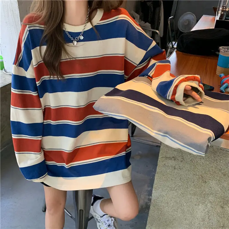 Striped Hoodies Women Korean Style Sweatshirt Fashion Long Sleeve Hoodie Autumn Tops Streetwear Harajuku Jumper Cotton Pullovers