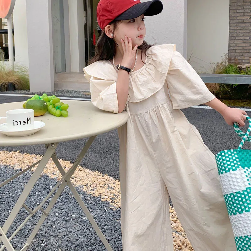 

Children Lotus Leaf Collar Jumpsuit Spring and Autumn Girls Sweet Trousers Wide-leg Trousers Children Fashion Square Collar