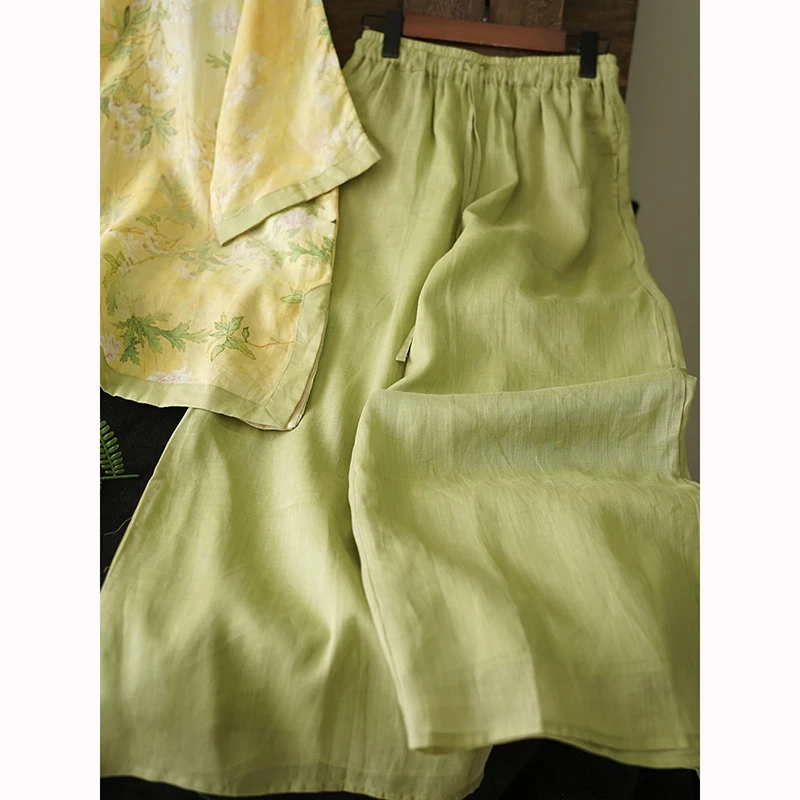 새로운 여름 여성용 밴딩 와이드 레그 팬츠 고품질 라미 프린트 빈티지 싱글 브레스티드 루즈 블라우스 투피스 세트 D003