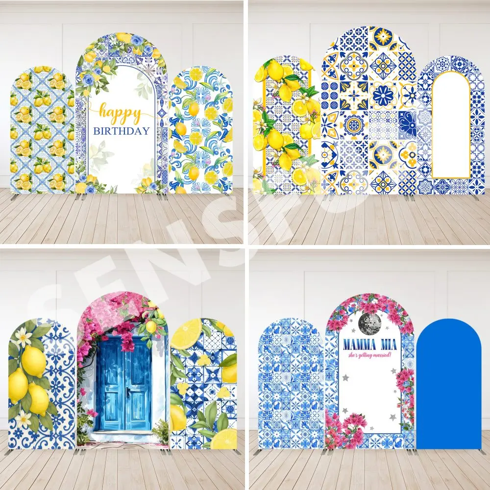 

Mediterranean Pattern Lemon Birthday Party Baby Shower Cover Custom 2-Sided Chiara Arch Backdrop Decoration Photo Background
