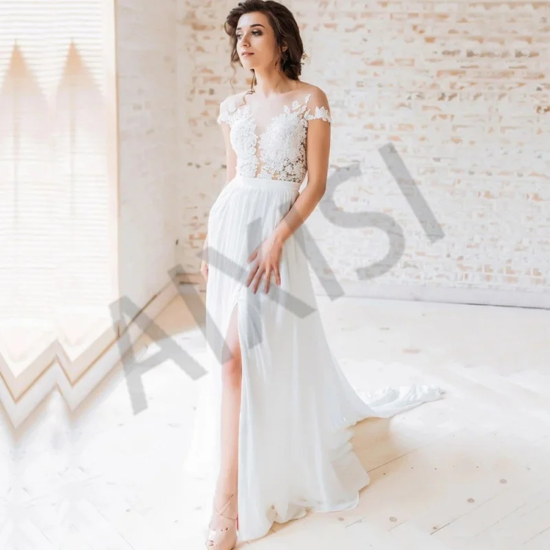 Vestido De Casamento Sem Bra Ilusion O Pescoço Curto Noite Simples Flange Vestido Apliques Slites Chiffon puro Love Wedding Dress