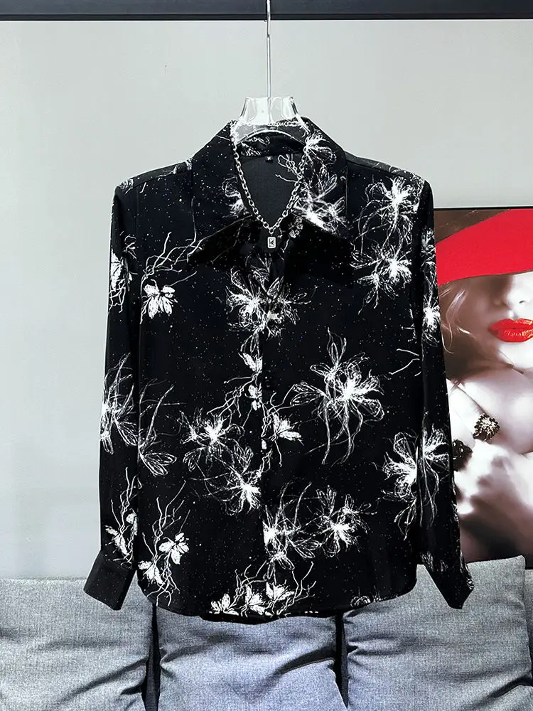 2024 high-end nightclub hairstylist shirt men's long-sleeved spring and summer fashion ink printing niche ruffian handsome shirt