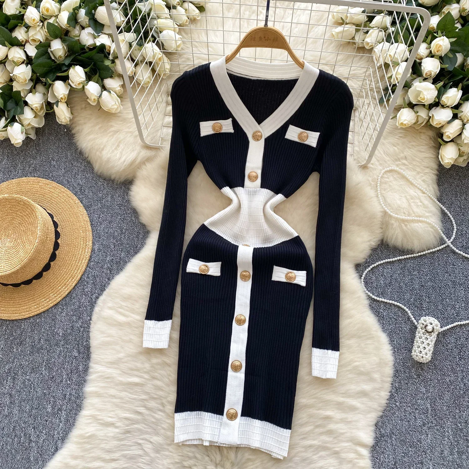 Vintage V-neck Basics Long Sleeve Chic Metal Buckle Striped Slim Knitted Dress French Evening High Street Autumn Winter Clothing