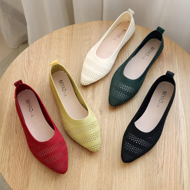 2022 NEW Women Slip On Flat Loafers Patchwork Pointed Toe Shallow Ballet Flats Shoes knitting Casual Flat Shoes Ballerina Flats