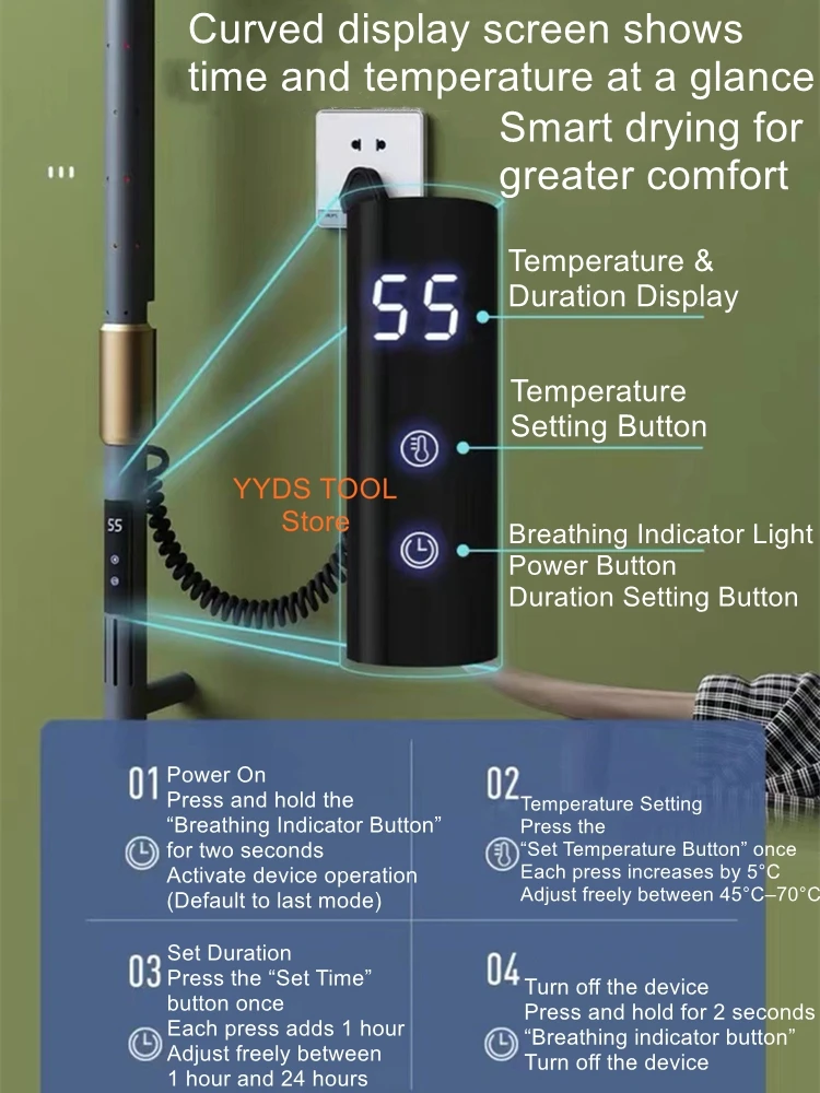 Creative Design Home & Hotel Bathroom Heated Towel Rack with Smart Control - No Drilling Required
