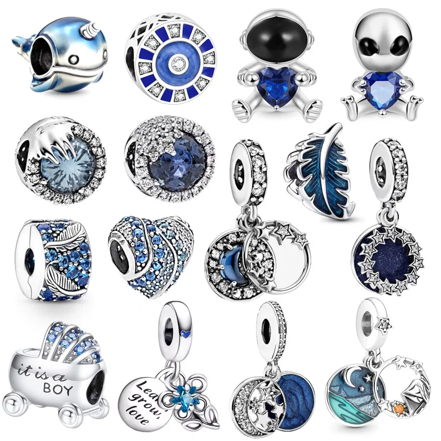 NEW Blue Cruise Ship Mysterious Alien & Curved Feather Clip Charm DIY Jewelry Bead Fit Original 925 Sterling Silver Pan Bracelet