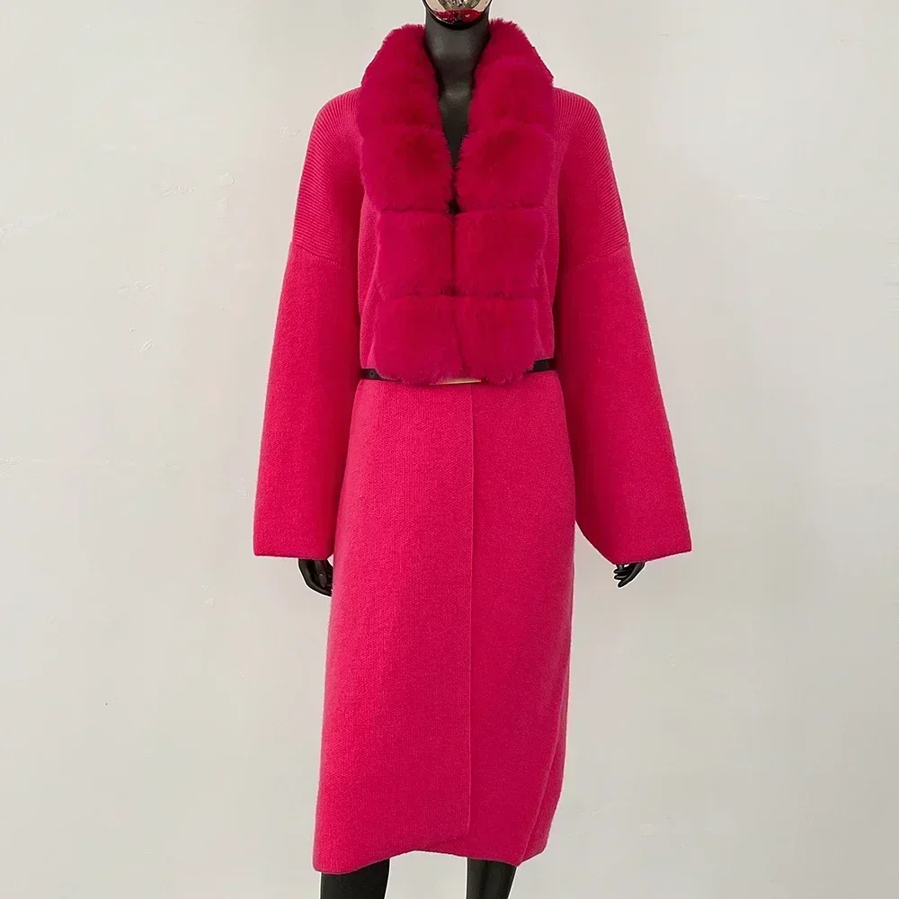 Faux Fox Fur Collar Fur Coat Eco-friendly Autumn Loose Knitwear Female Long Cardigan Fur Coat Women Sweater Belt Knitted Coat