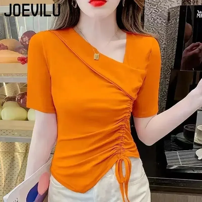 Chic Short Sleeved T-shirt V-neck Slimming Irregular Drawstring Design Crop Tops Women\'s Summer Korean Elegant Asymmetric Blouse