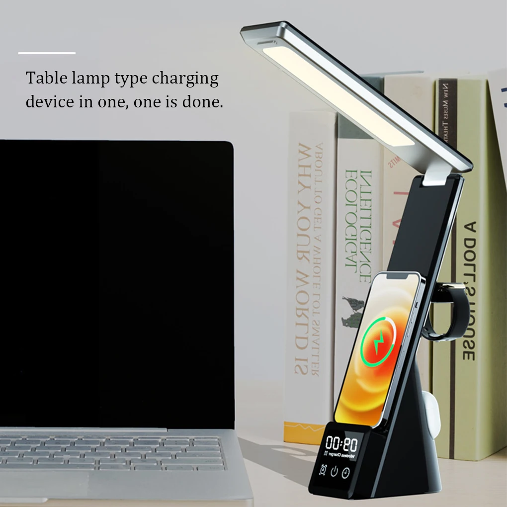 Wireless LED Table Lamp Alarm Clock Fast Charging Charger Stand Reading