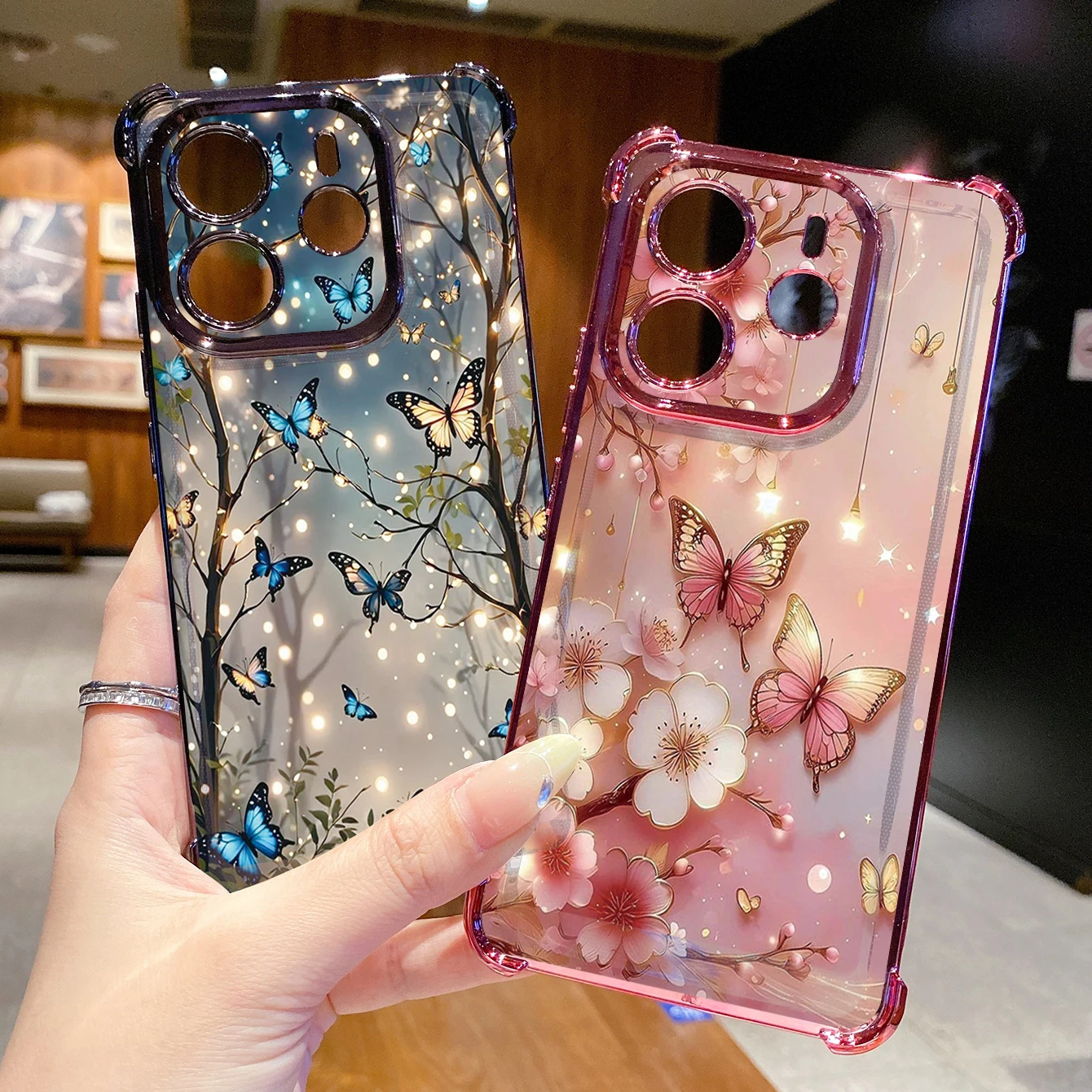for Xiaomi Redmi Note 14 13 Pro 5G 12S 4G 12 13C Flower Butterfly Clear Plating Case Anti Drop Cover