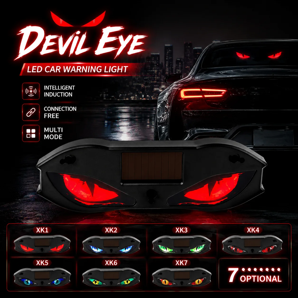 New Solar Devil Eye Warning Light LED Car Ambient Lighting Windshield Solar Type-C Charging Multi-Mode Anti-Rear-End Decoration