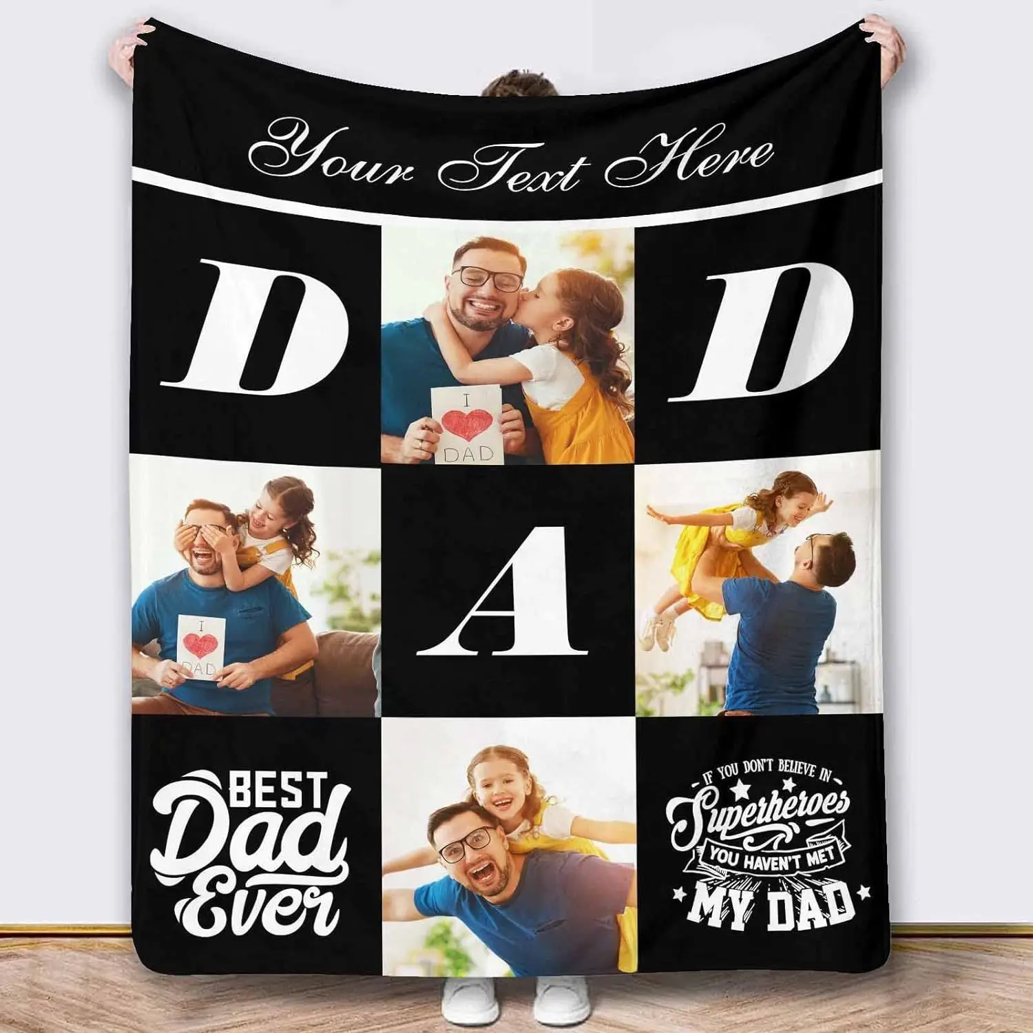 A personalized gift picture for dad, a black blanket for dad, a Father's Day gift for dad, a birthday gift