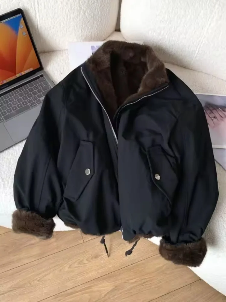 Women Reversible Wear Short Parkas Coat 2026 New Winter Thick Stand-up Collar Cargo Jacket Warm Baseball Cotton Padded Outwear