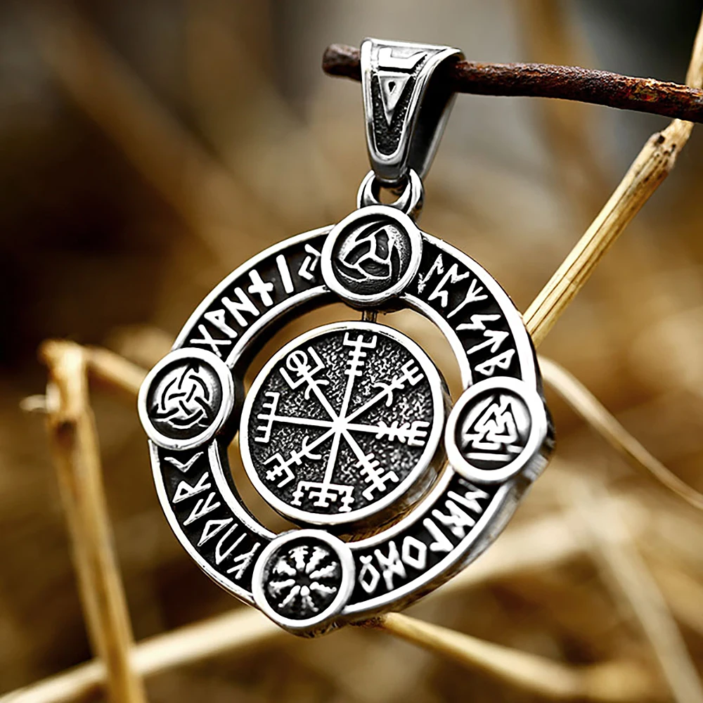 

Vintage Nordic Compass Rune Necklace Stainless Steel Viking Valknut Rotatable Pendant Men's Biker Amulet Jewelry Gift Wholesale