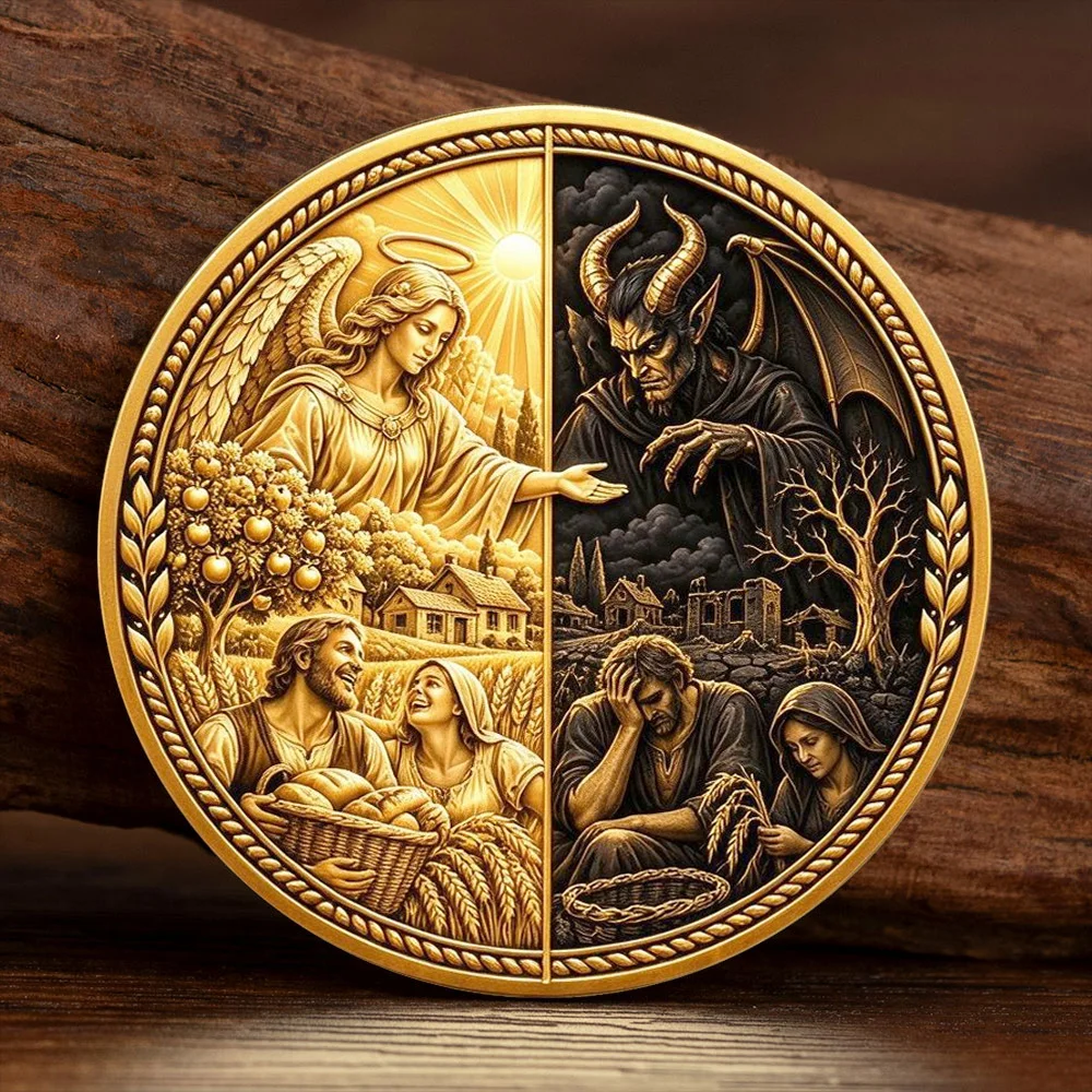 Angel and Devil Fate Gold Plated Challenge Coin Abundance and Hardship Tree of Life Commemorative Coin Collectible Gift